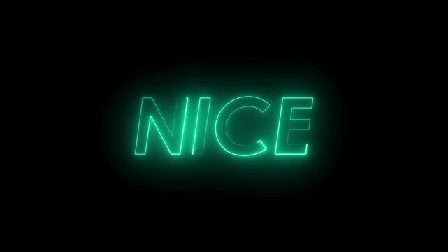 Nice neon text animation. Glowing neon sign Nice on black background. neon sign Nice icon.
