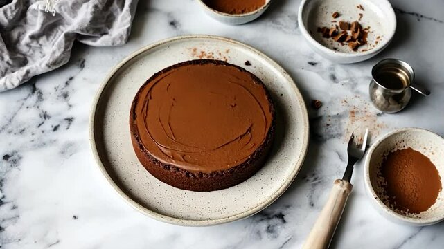 Chocolate cake on marble countertop