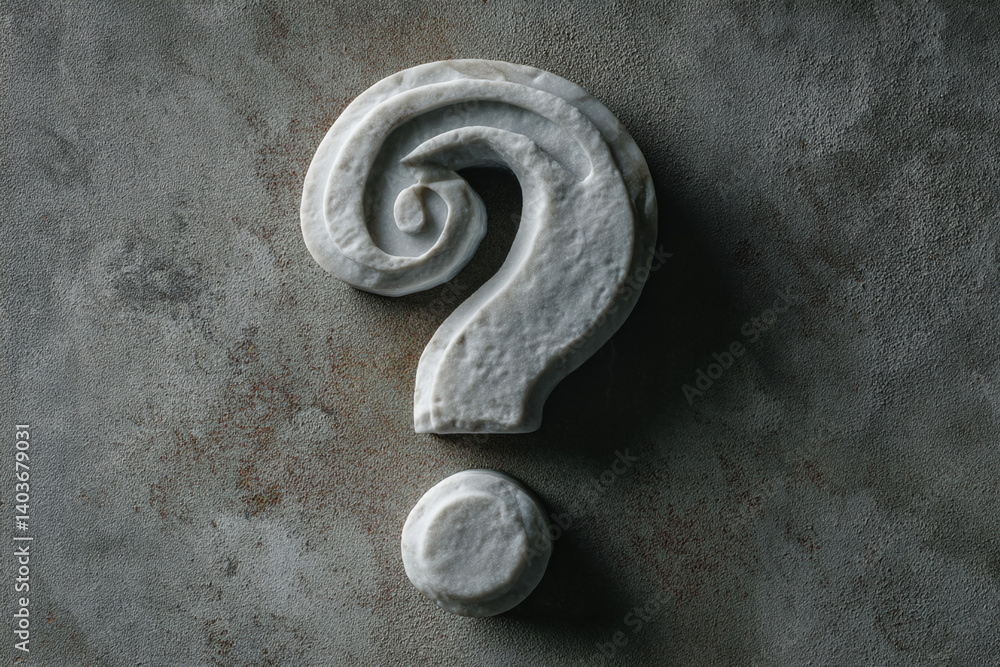 Poster stone question mark on textured background, symbolizing inquiry, uncertainty, or the search for answ