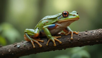 Naklejka premium Vibrant Green Tree Frog Perched on Dark Branch, Close-Up