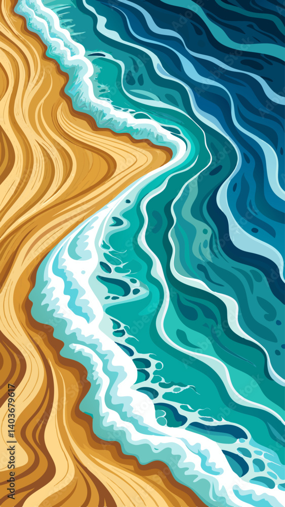 Poster a drawing of a beach with a wave crashing in the background. the image has a calming and serene mood