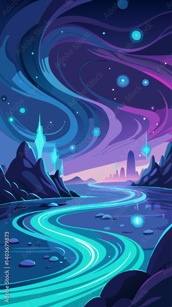 Poster a blue ocean with a wave crashing into the shore. the sky is a deep blue color with a sun setting in