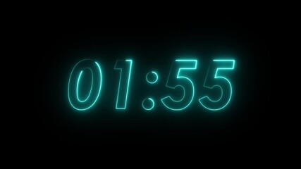 Neon Two Minute Digital Timer. 2 Minute Digital Negative Countdown. seconds on transparent background 120 second countdown timer, Countdown video with alpha channel.