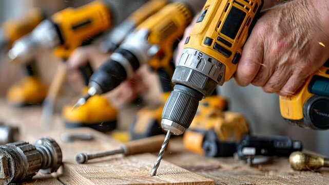 A captivating DIY project featuring a range of power tools beautifully arranged on a rustic wooden surface within a workshop environment