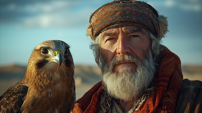 Portrait of an Elderly Kazakh Falconer with his bird of prey
