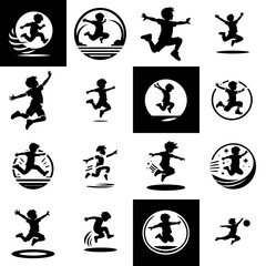 Happy boy jumping silhouette vector black white illustration on white background eps file set compilation 