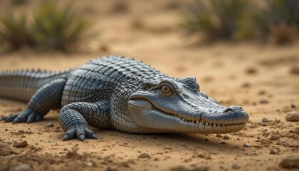 Fototapeta premium Grey Alligator Basking on Sandy Dune, Close-Up