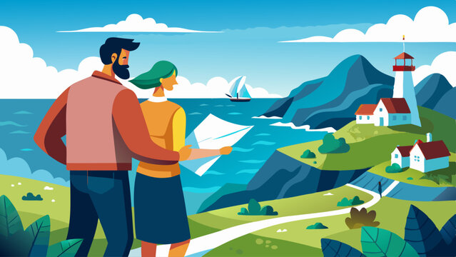 A man and woman are looking at a map while standing on a beach. The man is wearing a red shirt and the woman is wearing a green shirt. The beach is near a lighthouse