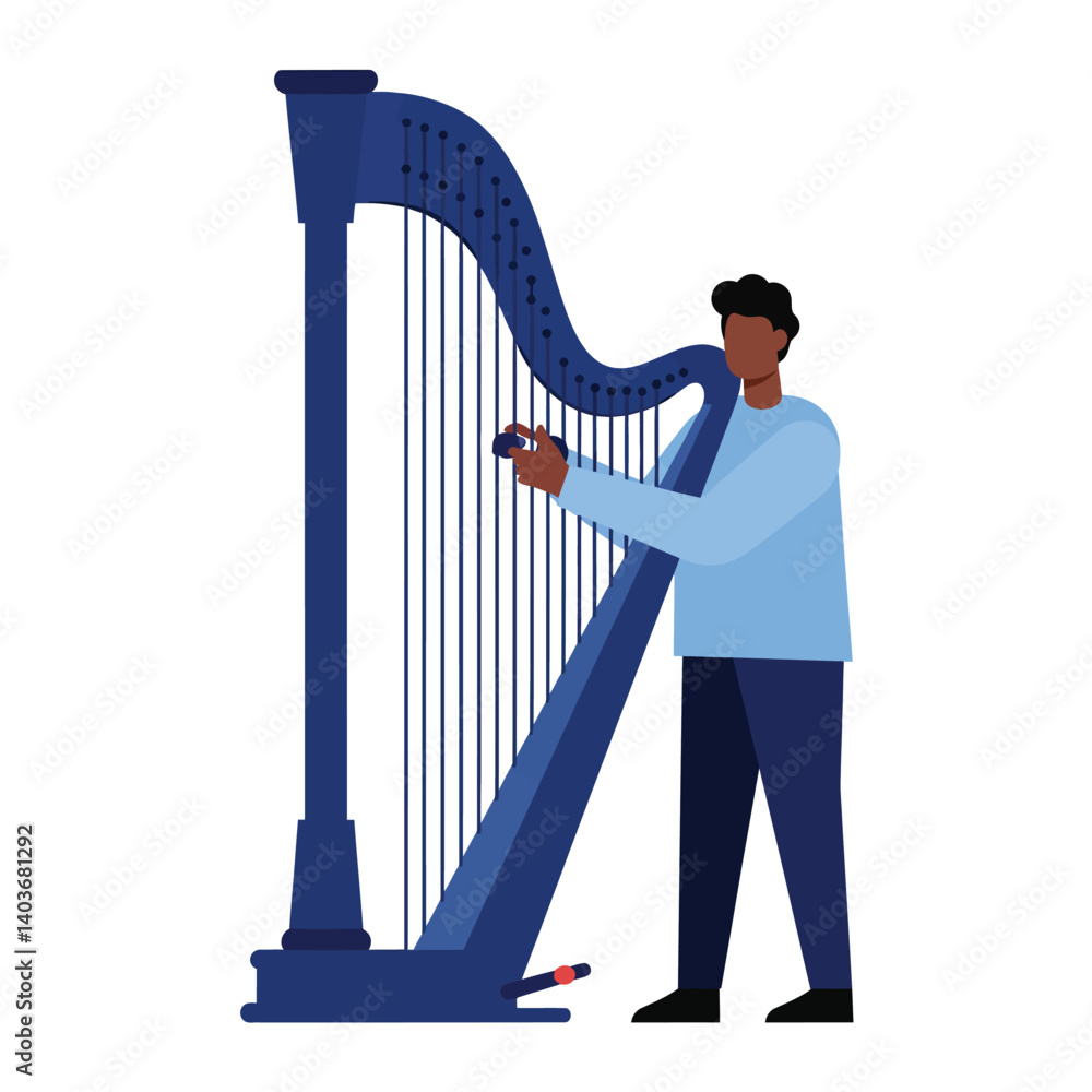 Poster harp player in flat design style creating beautiful music vector art
