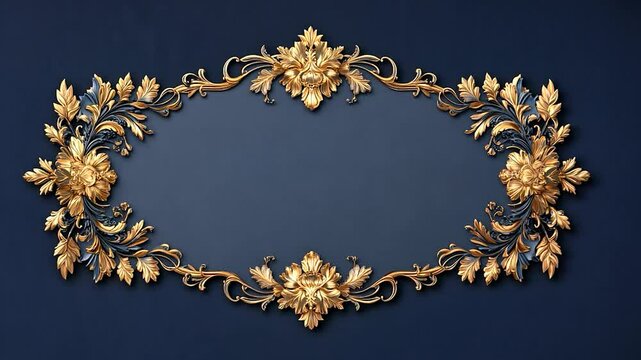 Ornate golden floral frame on a dark blue background, ideal for elegant invitations or decor