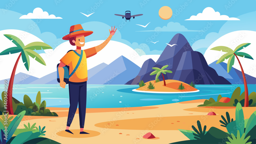 Poster a man is standing on a beach with a palm tree behind him. he is holding his hand up in the air, as i