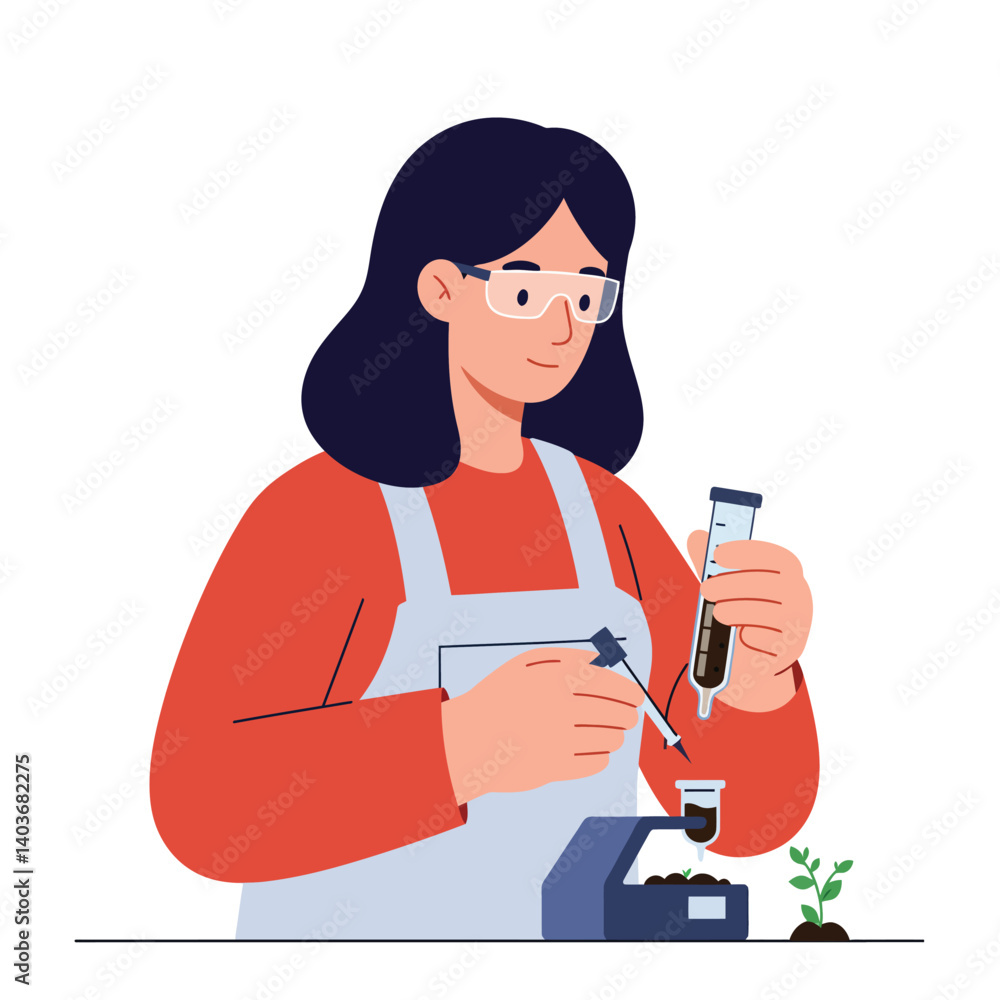 Poster scientist conducting experiments with test tubes in flat vector art style