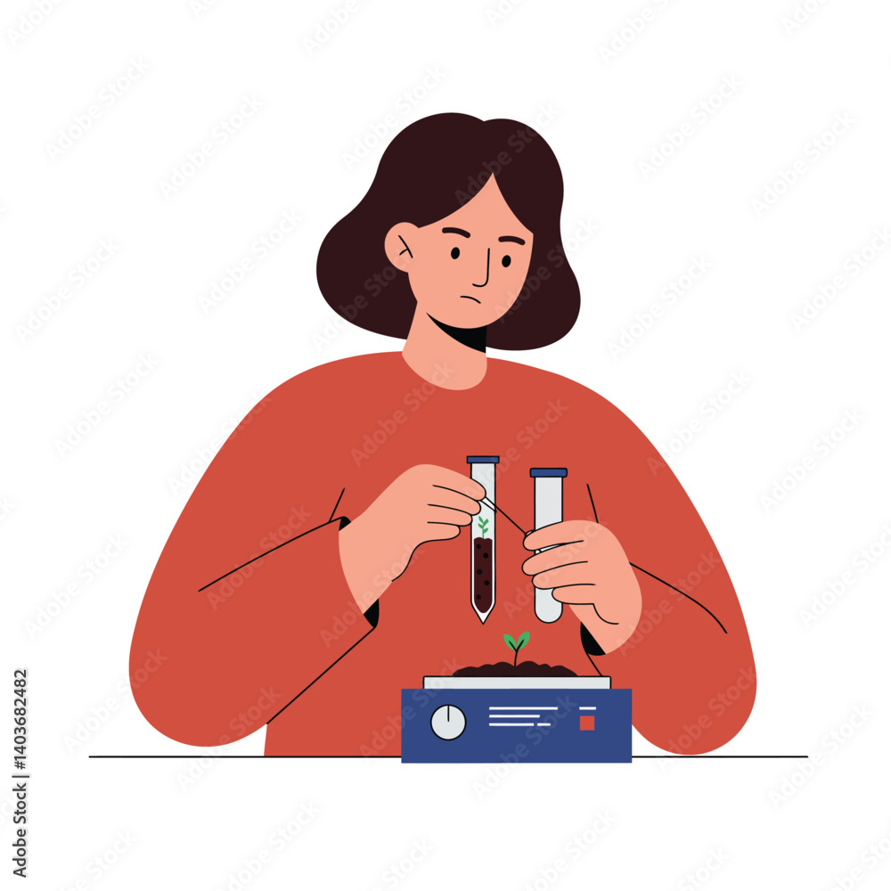 Poster scientist conducting experiments with test tubes in minimal vector art style vector illustration