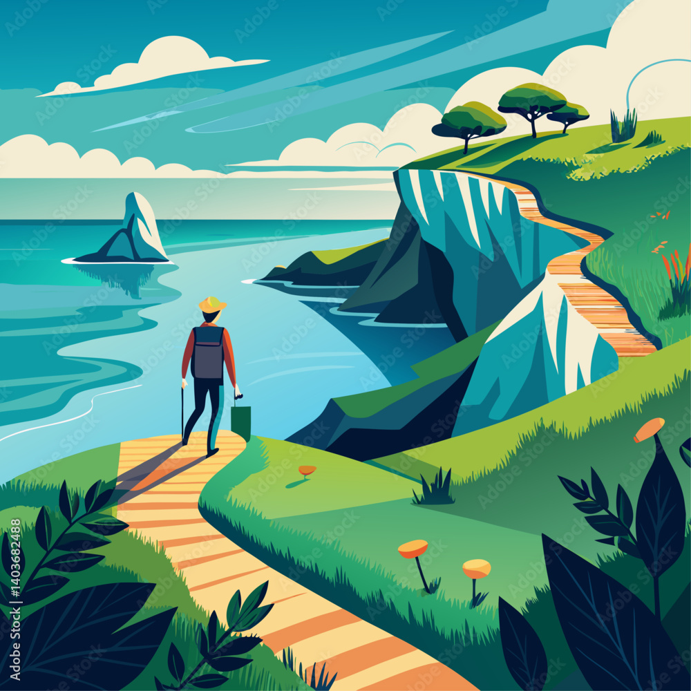 Poster a man is walking on a path near the ocean. the sky is blue and there are trees in the background