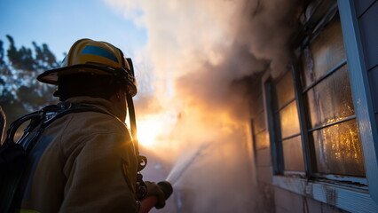 Fototapeta premium A brave firefighter battles a raging house fire, wielding a hose to douse water at the flames while thick smoke billows from the windows.