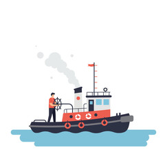 Obraz premium Tugboat with Captain Steering in Flat Minimal Vector Art Style