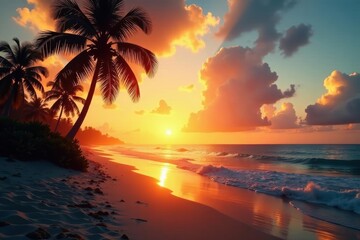 Golden hour beach, palm silhouettes, faded film effect, travel, flare, tropical