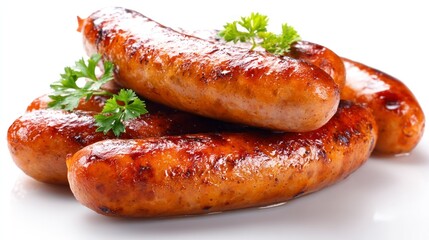 Grilled Sausages with Parsley on White Surface Ready to Be Served