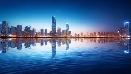 Naklejka premium vast modern city skyline at night isolated transparent water surface in the lower foreground reflecting the city and city lights