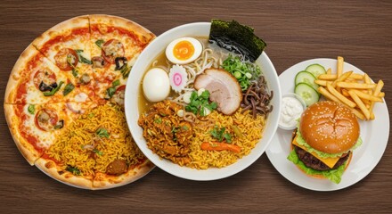 Variety of Delicious Food Selections Pizza Ramen and Burger Combination