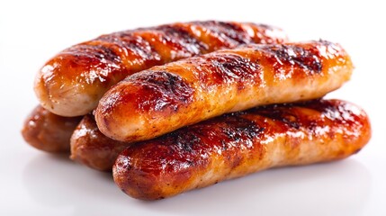 Grilled Sausages Stacked on White Background Ready to Eat Closeup