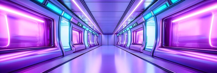 Obraz premium A long, empty, brightly lit room with purple walls