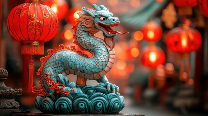 Fototapeta premium Serene Teal Dragon Amidst Red Lanterns