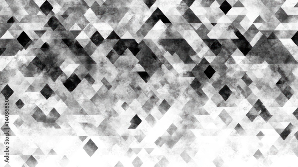 Poster A grayscale abstract pattern of overlapping triangles and rhombuses with textured overlays.