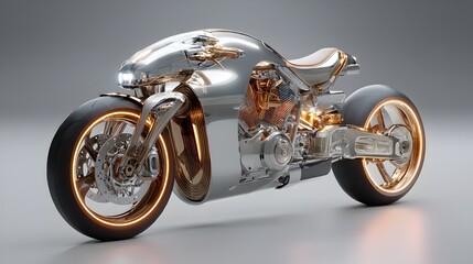 A silver motorcycle with gold accents and neon lights