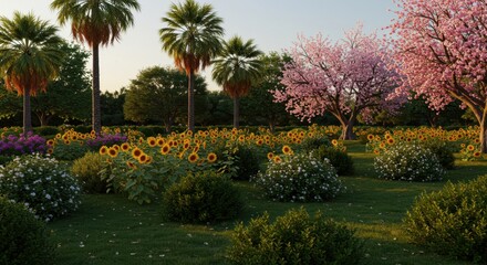 Blooming Garden with Sunflowers Palm Trees and Pink Cherry Blossoms