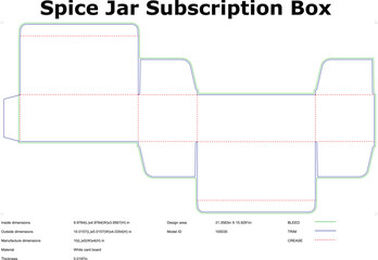 Spice Jar Subscription Box Flat Die Cut Template For Packaging Design With Dimensions And Technical Specifications Included