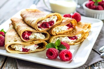 Crepes filled with cottage cheese and raspberry for breakfast