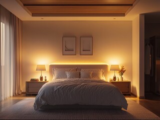Warm and inviting bedroom with soft lighting, creating a cozy and relaxing atmosphere for restful sleep and peaceful relaxation.