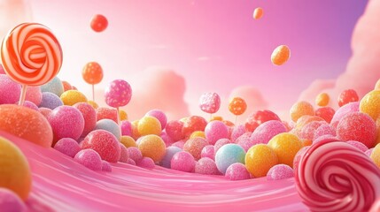 Colorful Candy Landscape with Lollipop and Sugar Ball Decorations