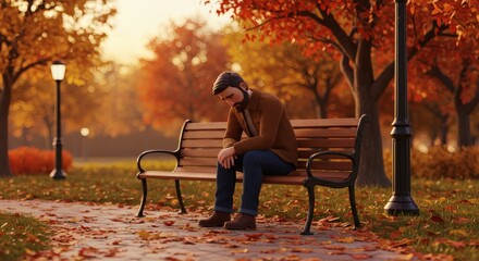 3D illustration of a man sitting alone on a bench in a park during autumn, head down, expressing sadness