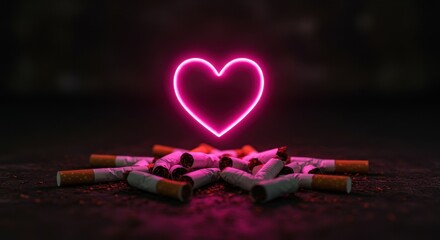 Cigarettes with Neon Heart Symbol on Dark Background Stop Smoking