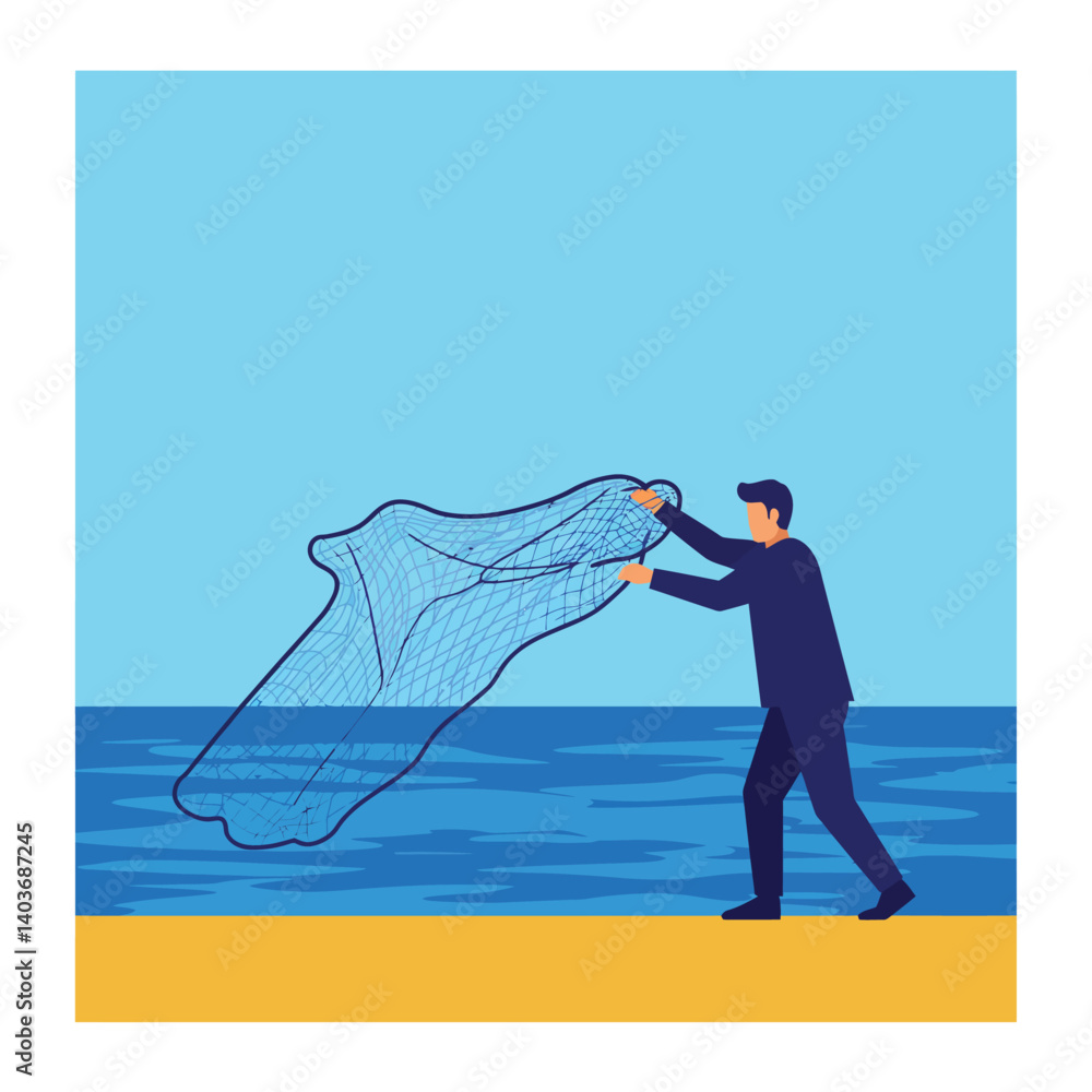 Aufkleber fisherman casting net into ocean in flat vector art style