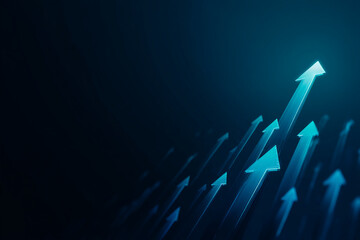Abstract image of glowing blue arrows pointing upward on dark background, symbolizing growth, progress, and success in business or technology