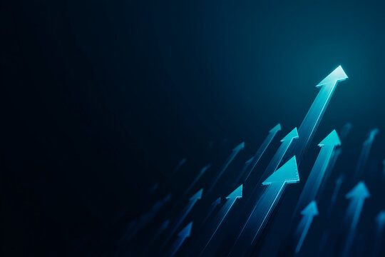 Abstract image of glowing blue arrows pointing upward on dark background, symbolizing growth, progress, and success in business or technology