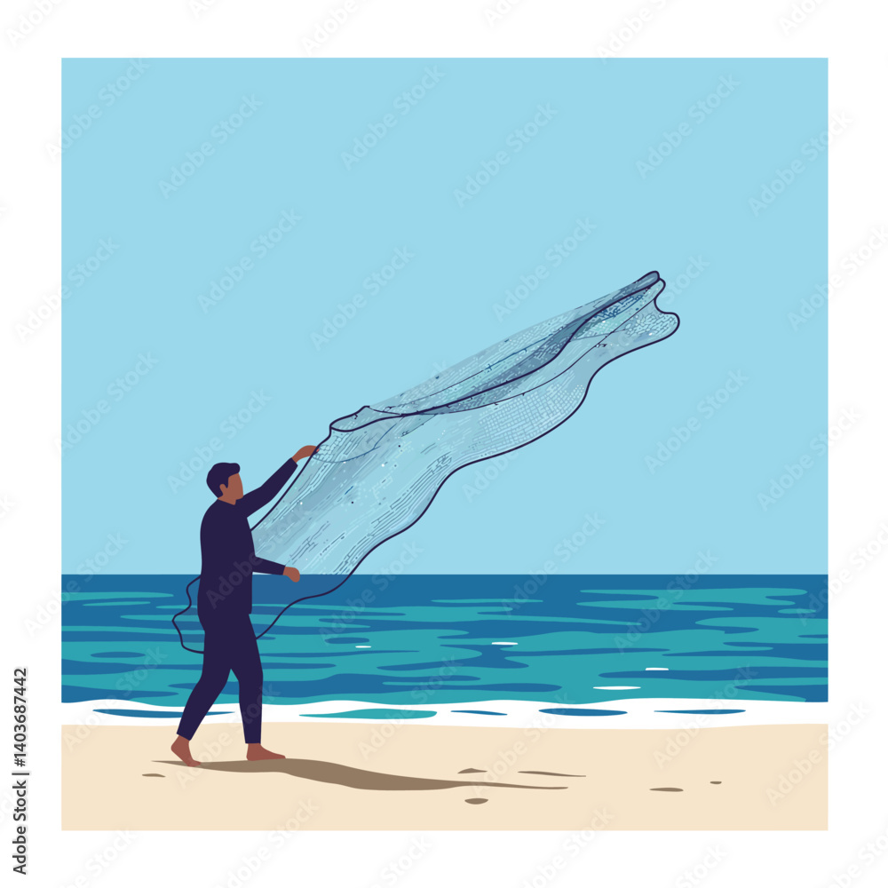 Poster fisherman casting net at the beach in minimal flat vector art