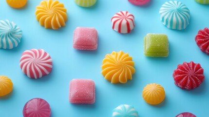Obraz premium Colorful Assortment of Candy on Blue Background for Sweet Treats