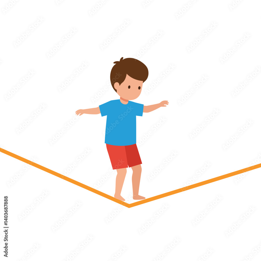 Aufkleber child balancing on a line in a playful flat vector illustration