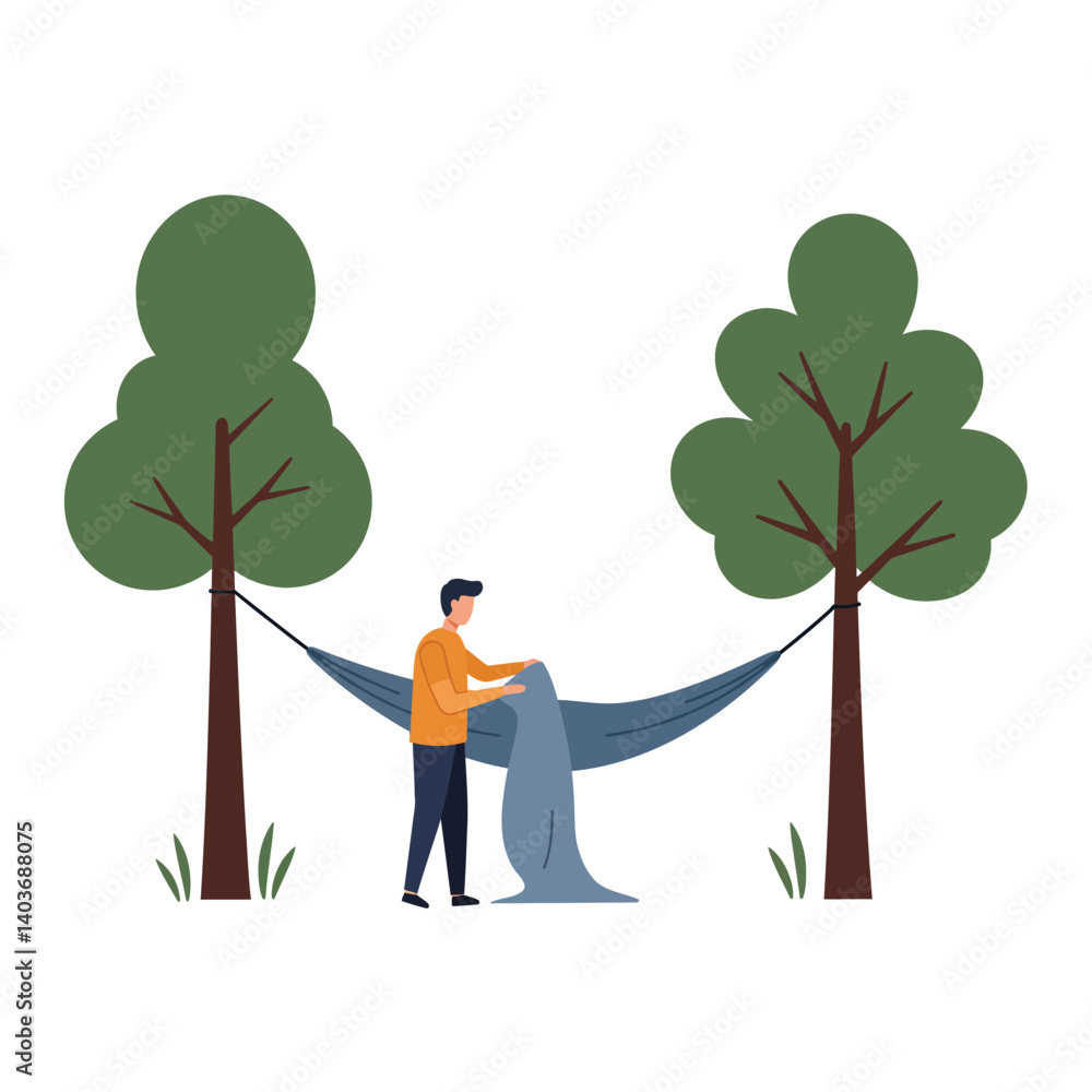 Poster Person setting up a hammock between two trees in flat vector art