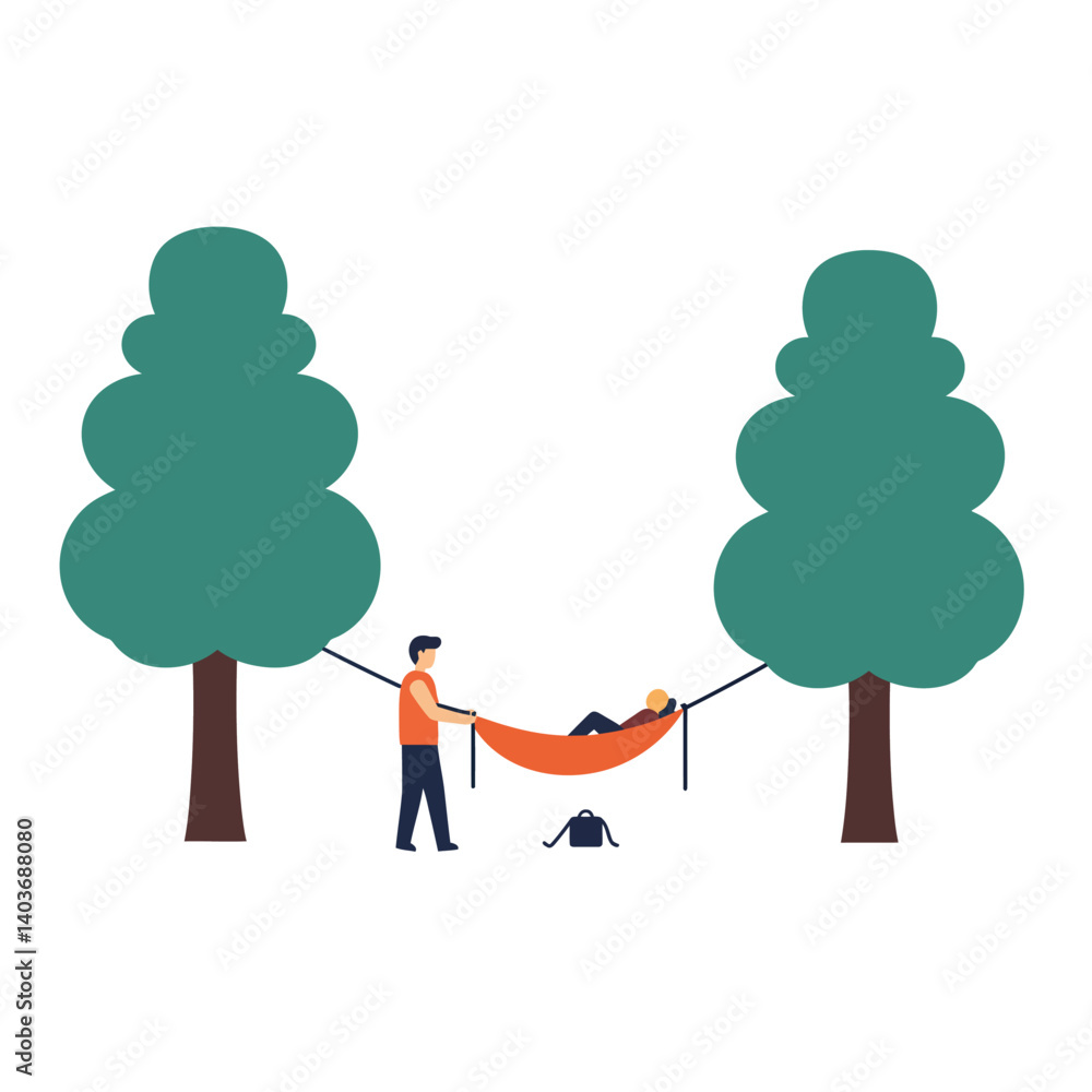 Poster person relaxing in a hammock between two trees in flat vector art