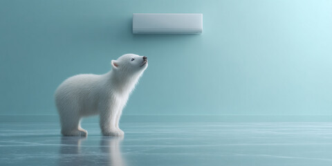 White polar bear cub stands in a light-blue room, looking up at a wall-mounted air conditioner, showcasing a concept of climate change or environmental awareness