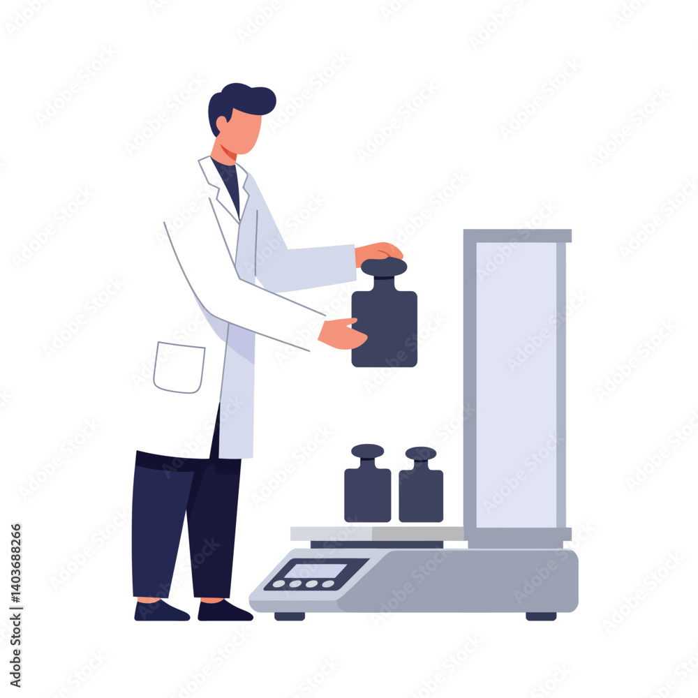 Poster scientist adjusting weights on a digital scale in flat vector art