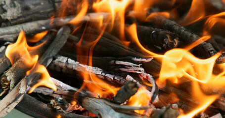 Burning wood with bright orange flames and logs in close-up view.