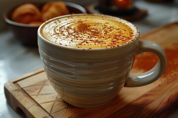 A beautifully decorated coffee mug sits on a wooden cutting board