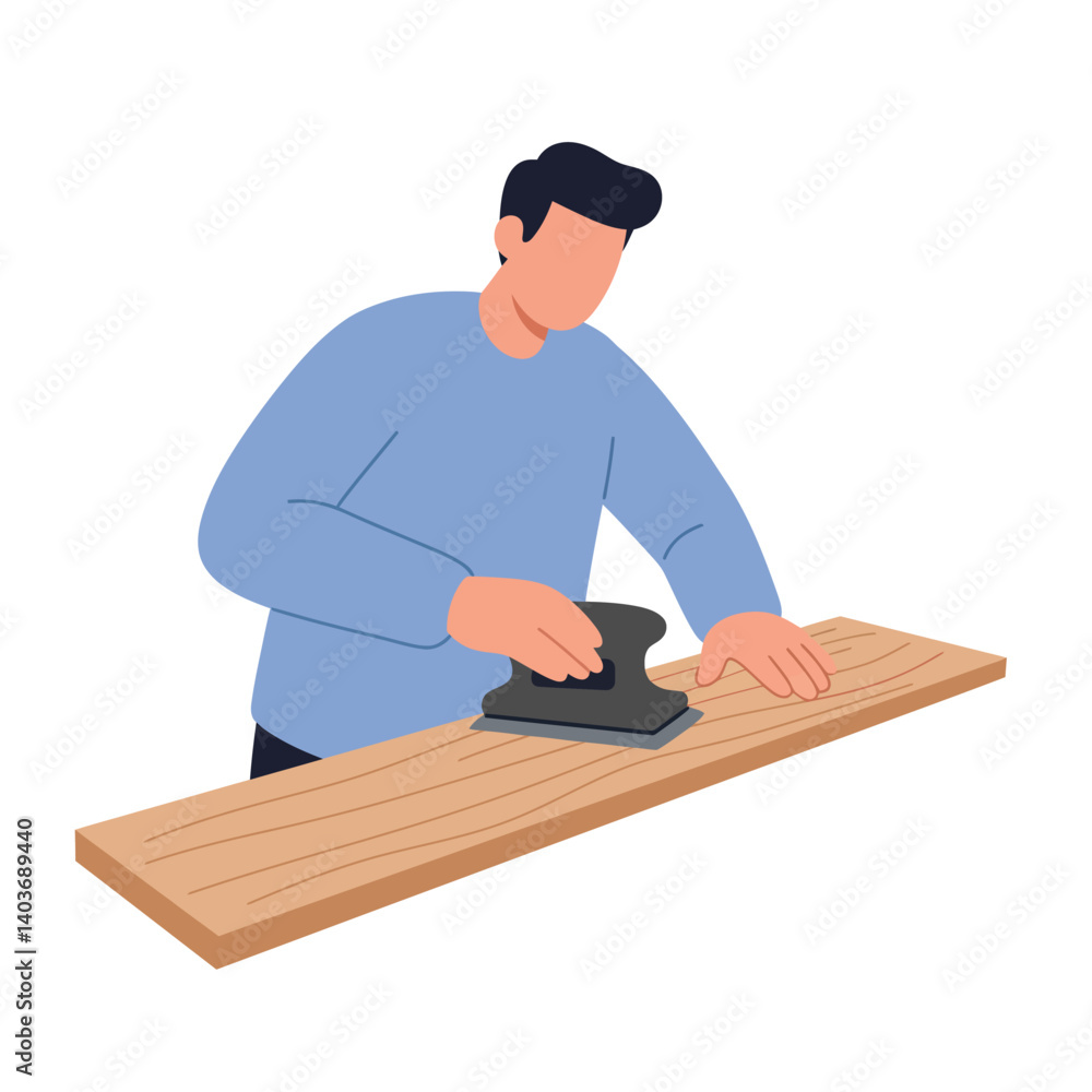 Poster man working with wood using a sander in flat vector art style vector illustration