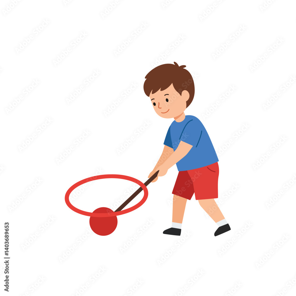 Aufkleber young boy playing with a red ball using a net in flat vector art